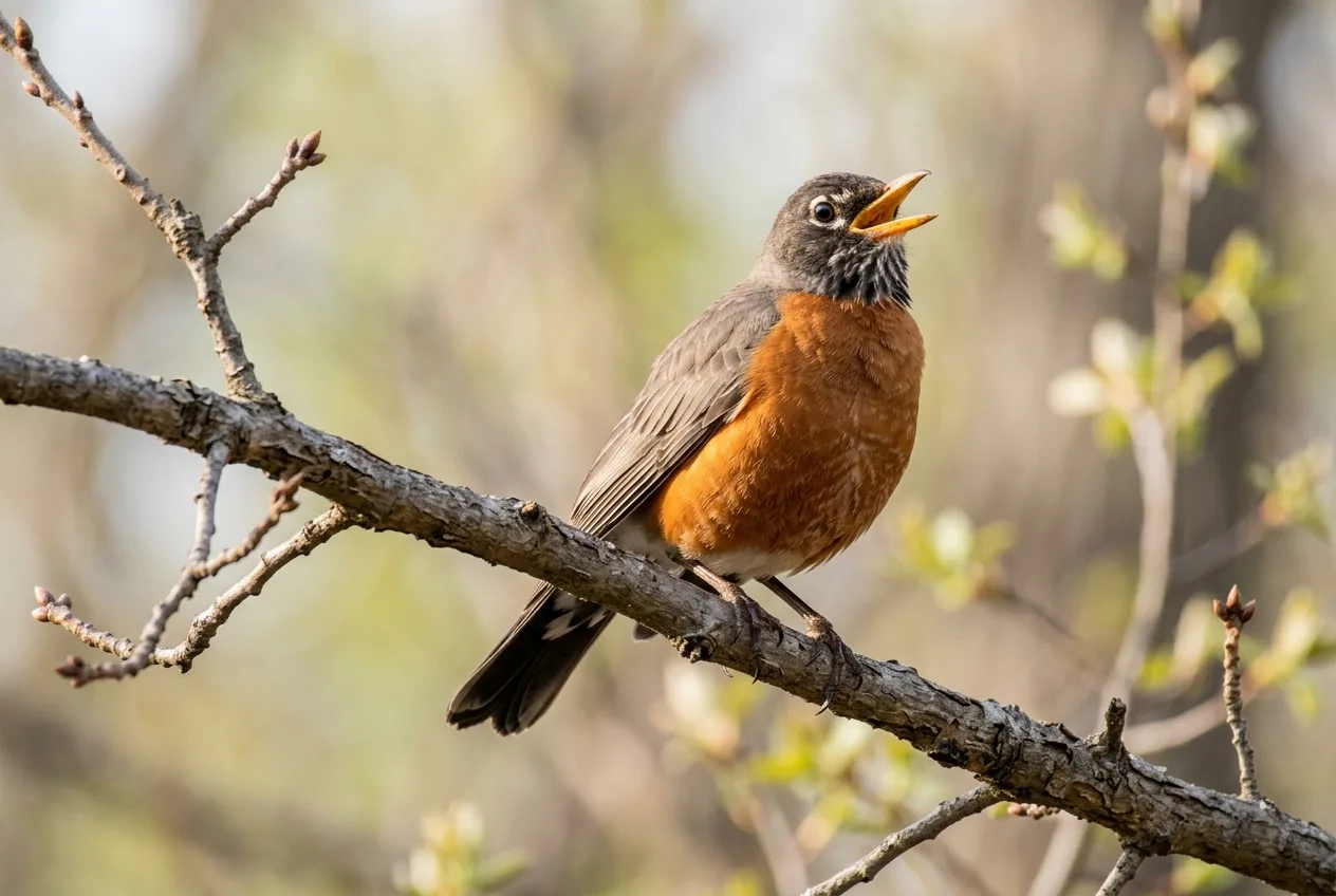 An American Robin singing from an open perch on a bare spring branch
