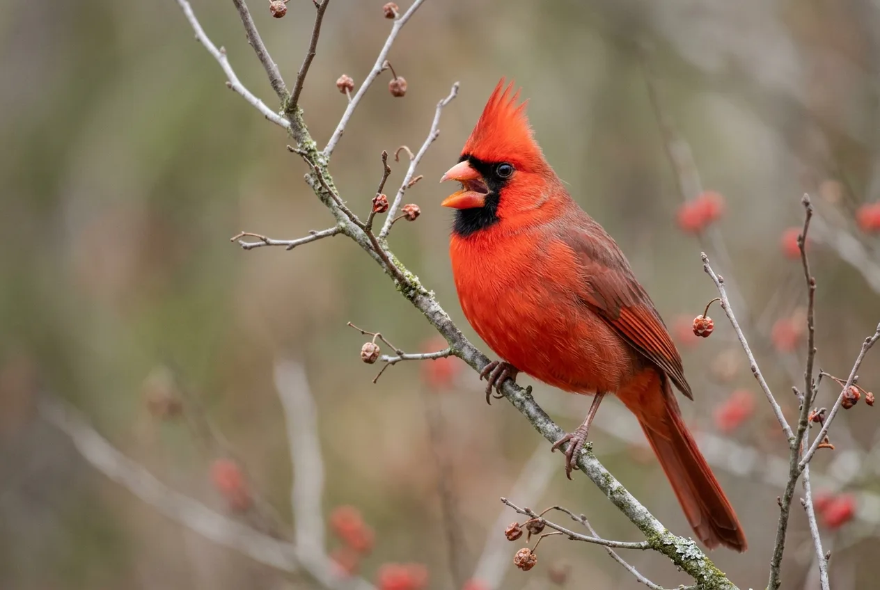 A male Northern Cardinal singing with its beak wide open on a shrub branch