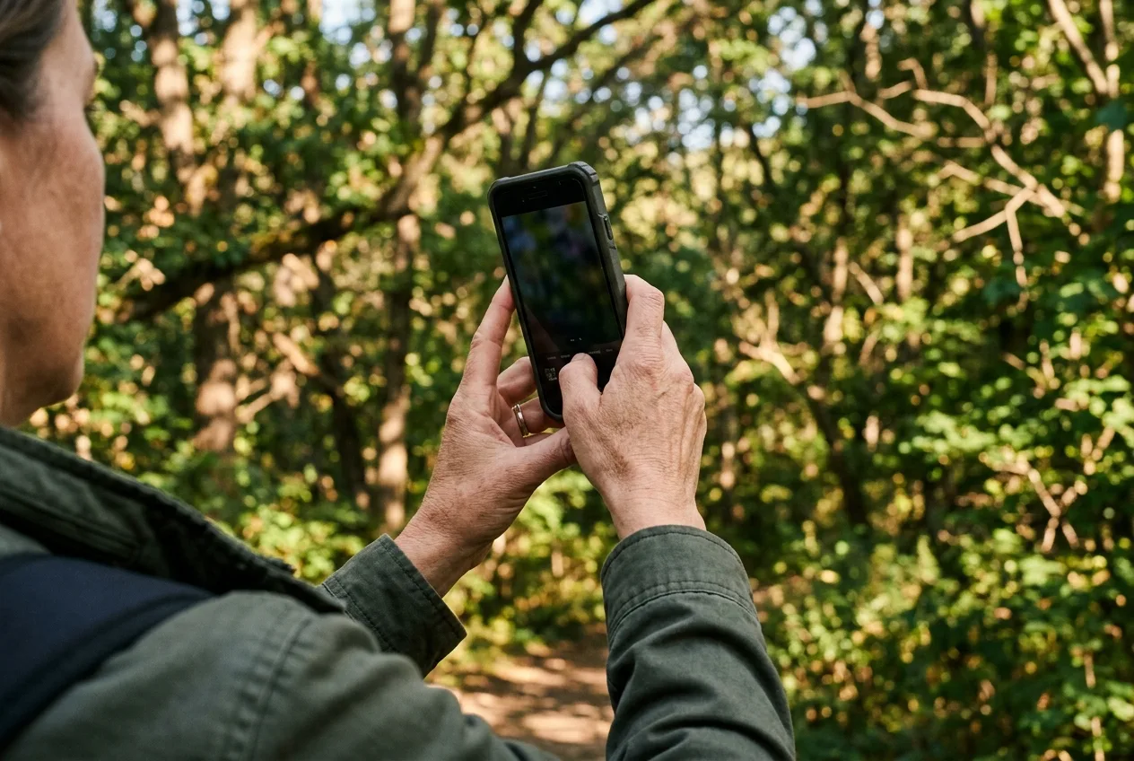 A person holding up a smartphone running a bird sound ID app toward trees in a park