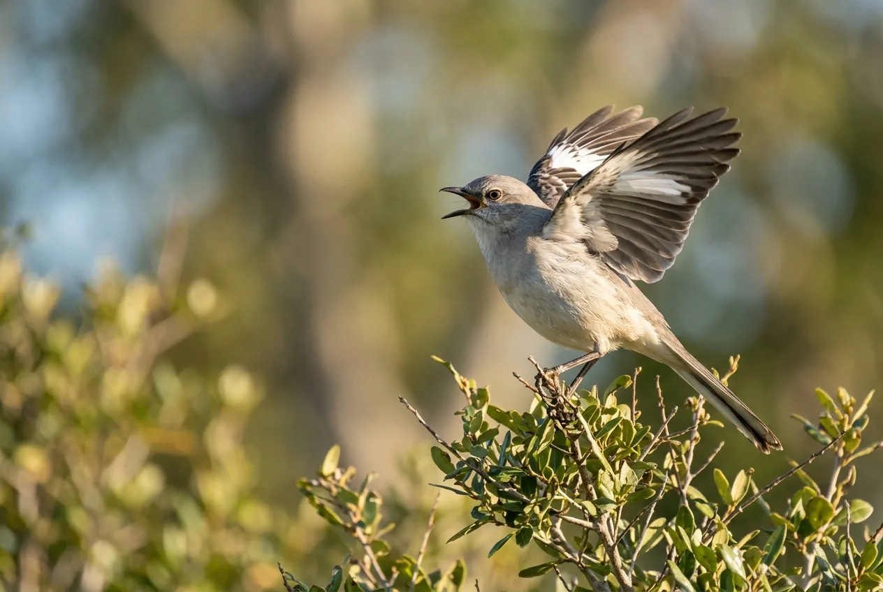 A Northern Mockingbird singing from the top of a sunlit shrub with wings slightly raised