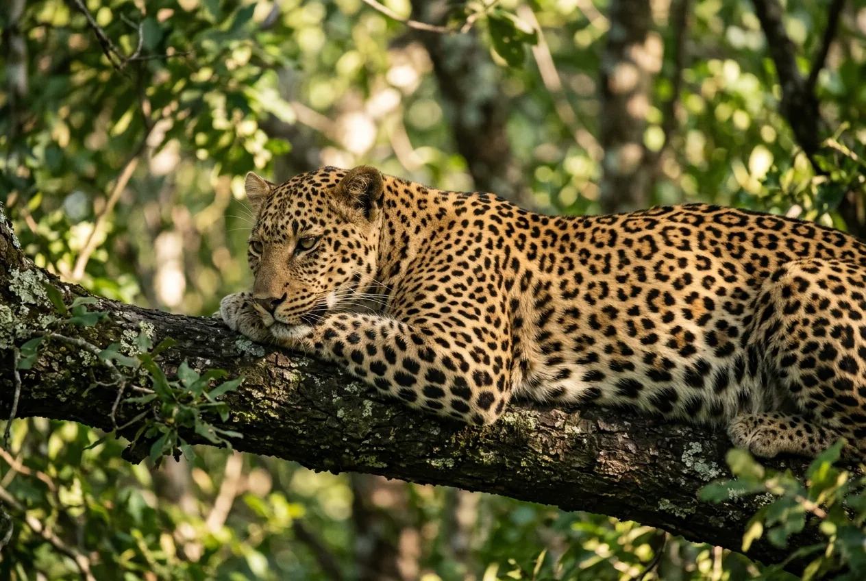 A leopard resting on a tree branch showing the rosette pattern on its coat