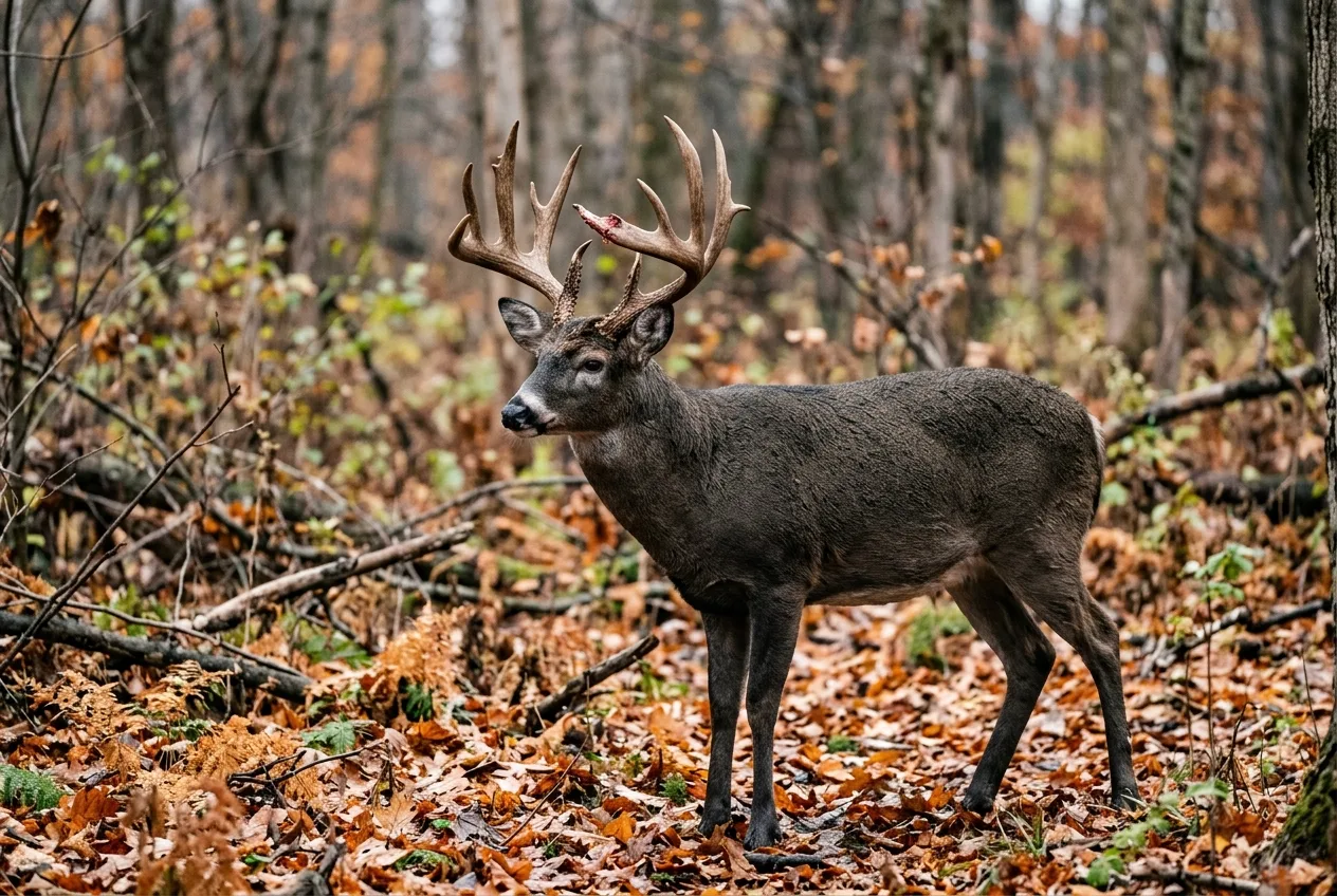 A white-tailed buck with a large asymmetric antler rack standing in an autumn forest clearing