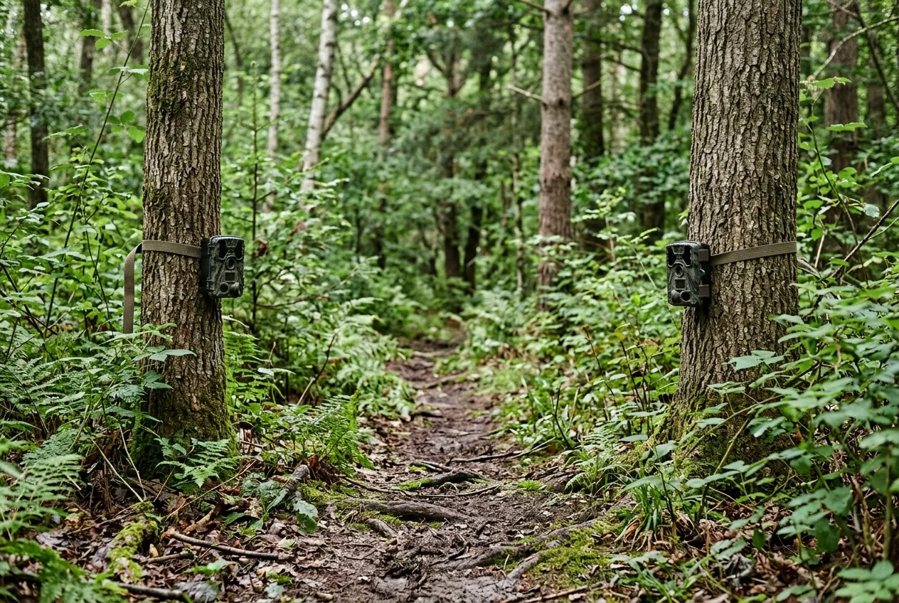Two trail cameras mounted on opposite sides of a forest trail facing each other