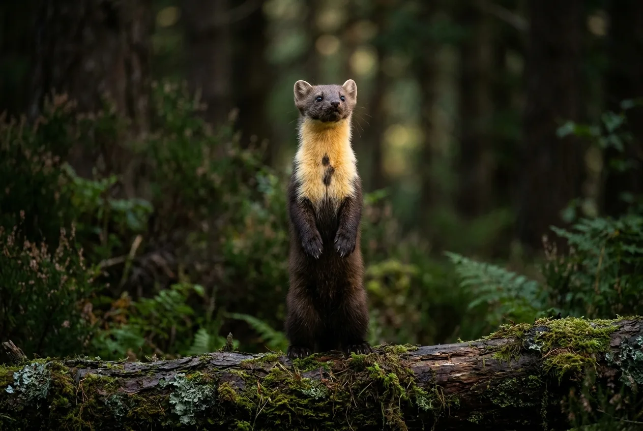 A pine marten standing upright showing the creamy bib patch on its chest
