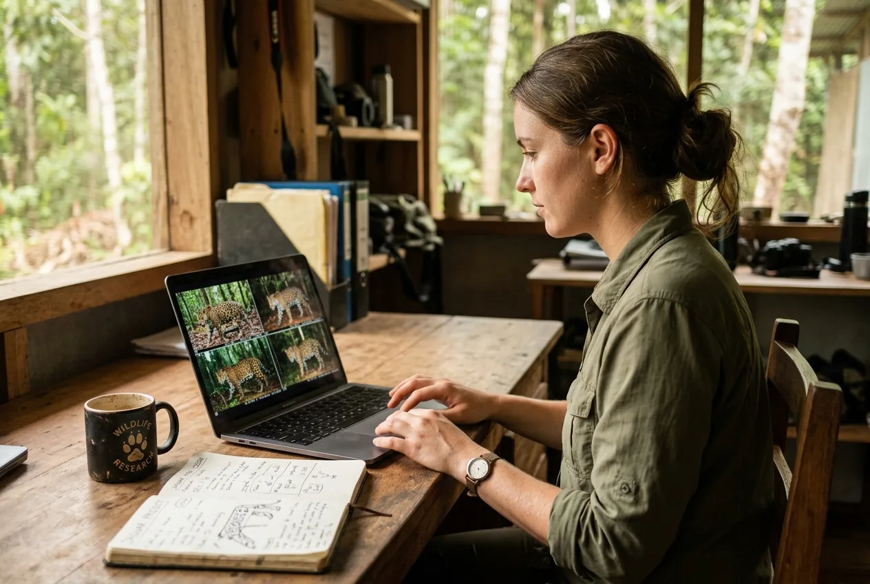 A researcher reviewing camera-trap photos of spotted cats on a laptop at a field desk