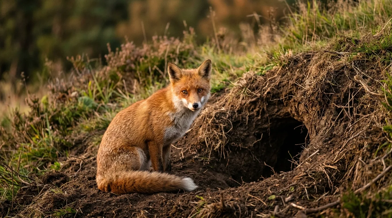 A red fox sitting at the mouth of its earthen den on a grassy bank