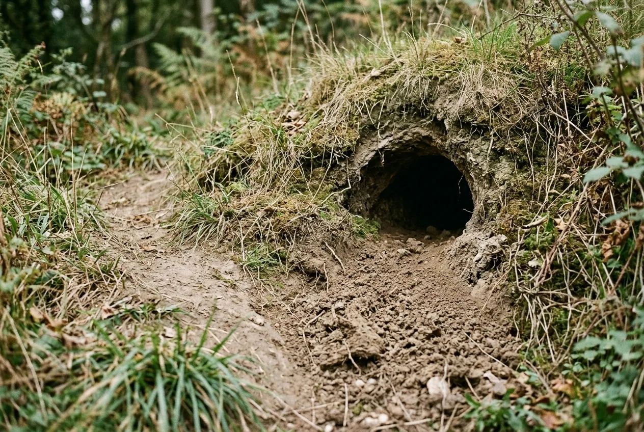 A single fox-earth burrow entrance in a bank with a spread of excavated soil