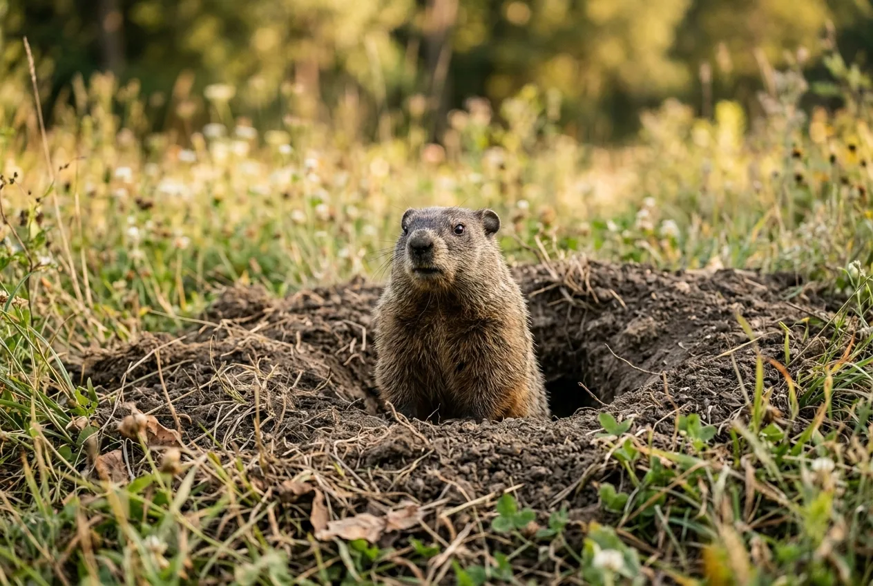 A groundhog peering from its burrow mound at the edge of a field