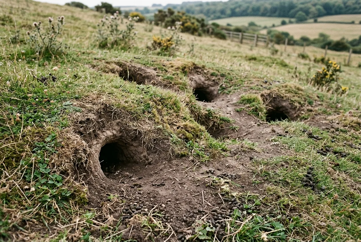A cluster of small rabbit-warren holes in a grassy bank