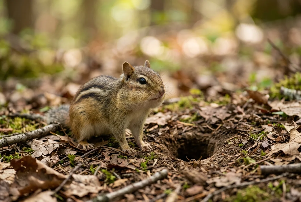 A chipmunk beside a small clean burrow hole with no soil mound