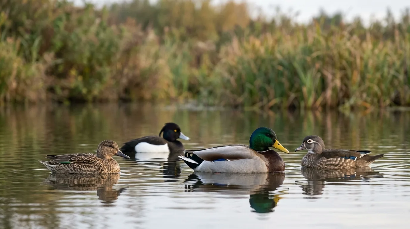 Several species of ducks together on calm water in soft morning light