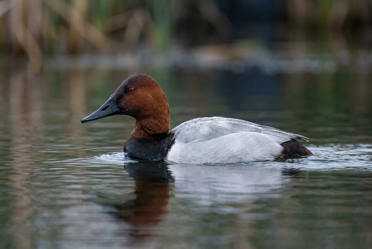 A diving duck riding low on the water with a sloped head profile