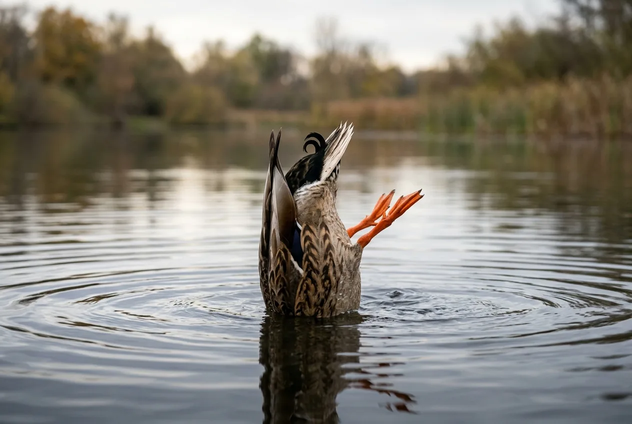 A dabbling duck tipped up to feed, tail pointed at the sky