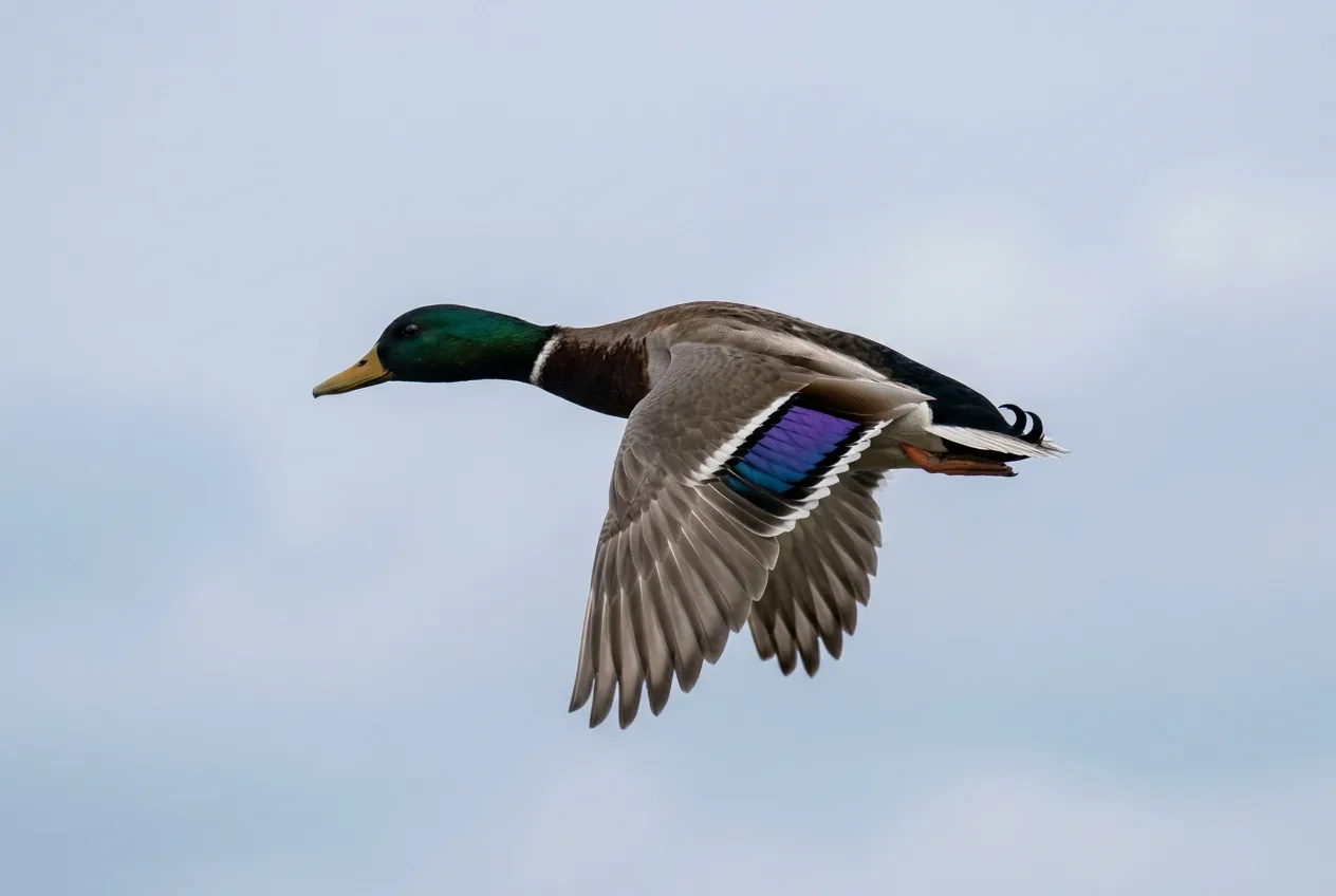 A duck in flight showing the colored speculum patch on its wing