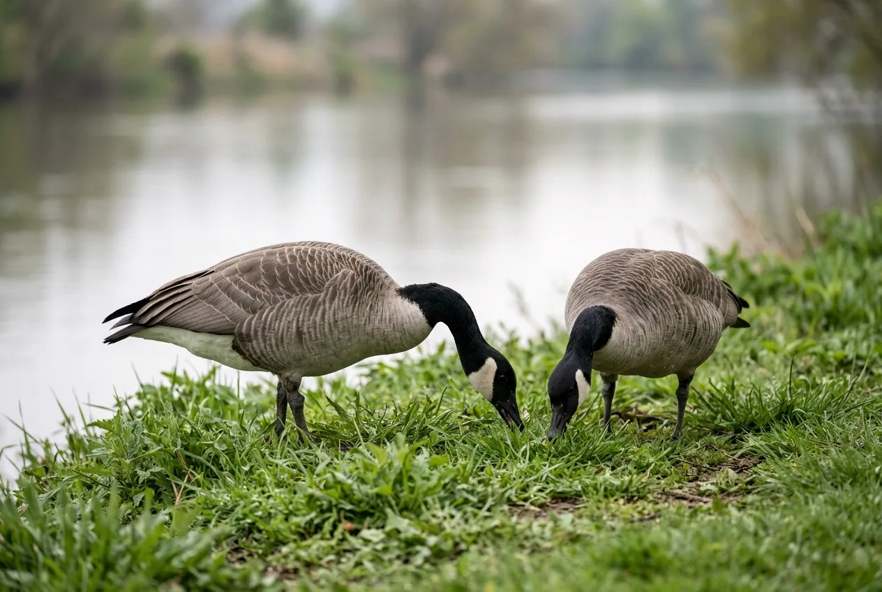 A pair of geese on a grassy bank, larger and longer-necked than ducks