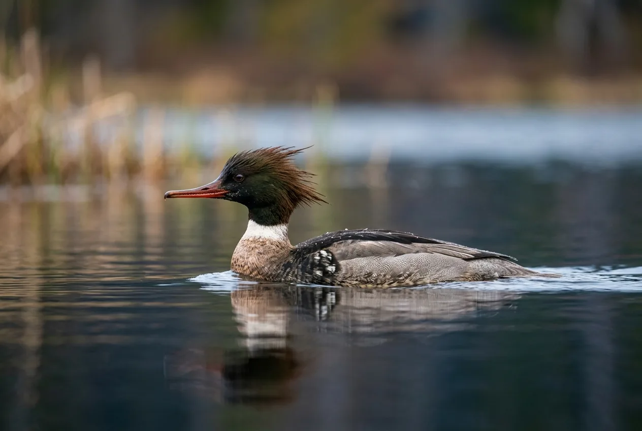 A merganser on water showing a thin pointed bill and ragged crest