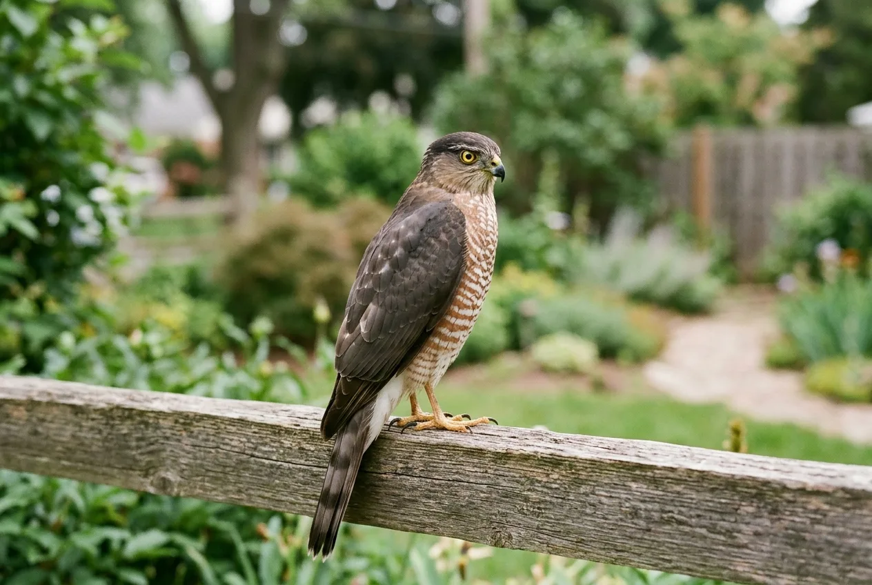 A small accipiter hawk perched alertly on a garden fence with a long tail