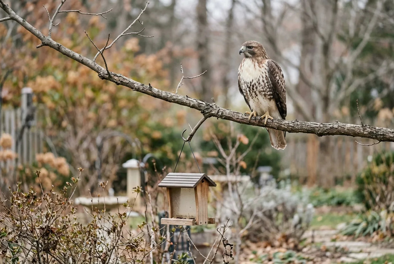 A hawk perched in a tree above a quiet backyard bird feeder