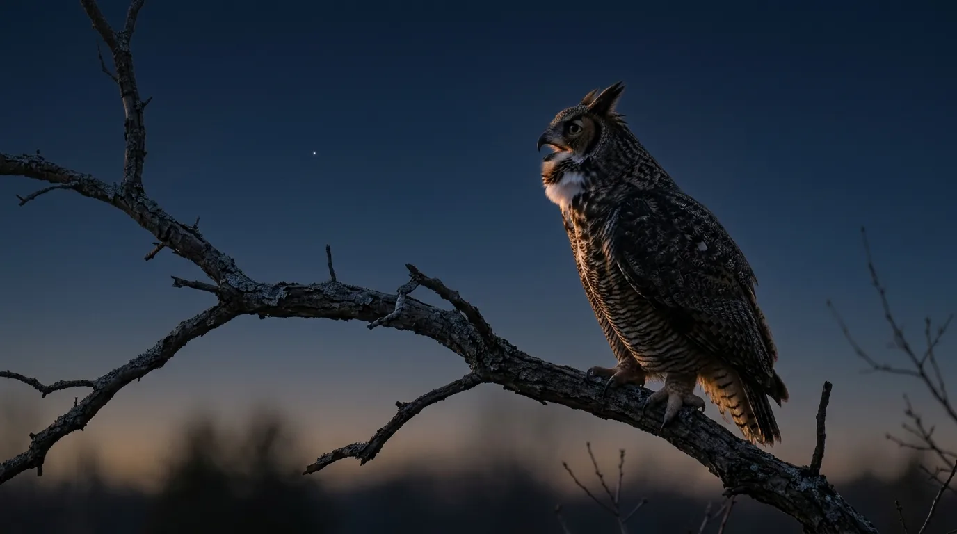 A great horned owl calling from a bare branch against a deep blue twilight sky