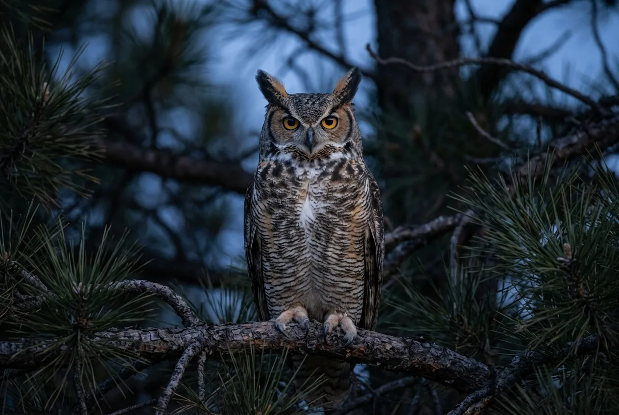 A great horned owl with prominent ear tufts perched in a pine at dusk