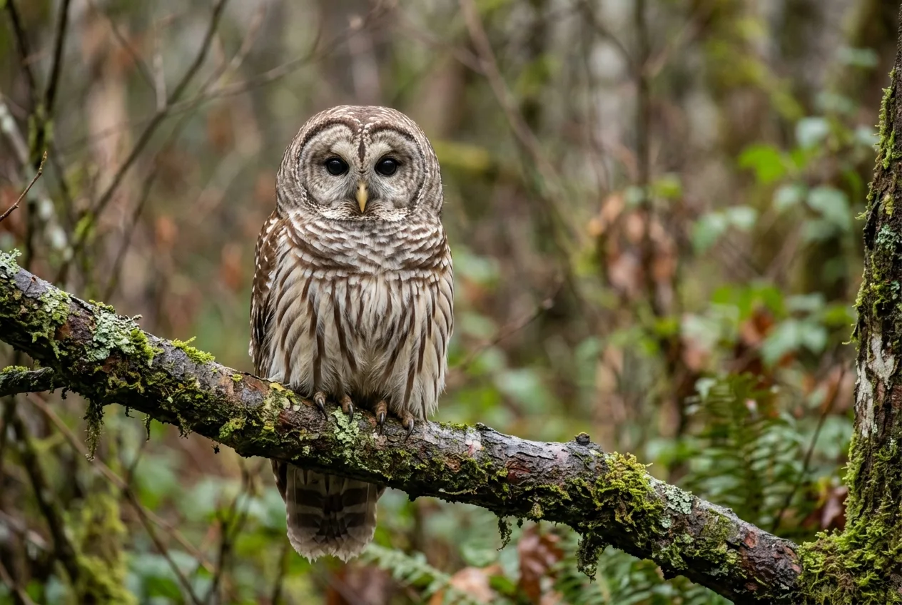 A barred owl with a round tuftless head perched on a mossy branch in damp woodland