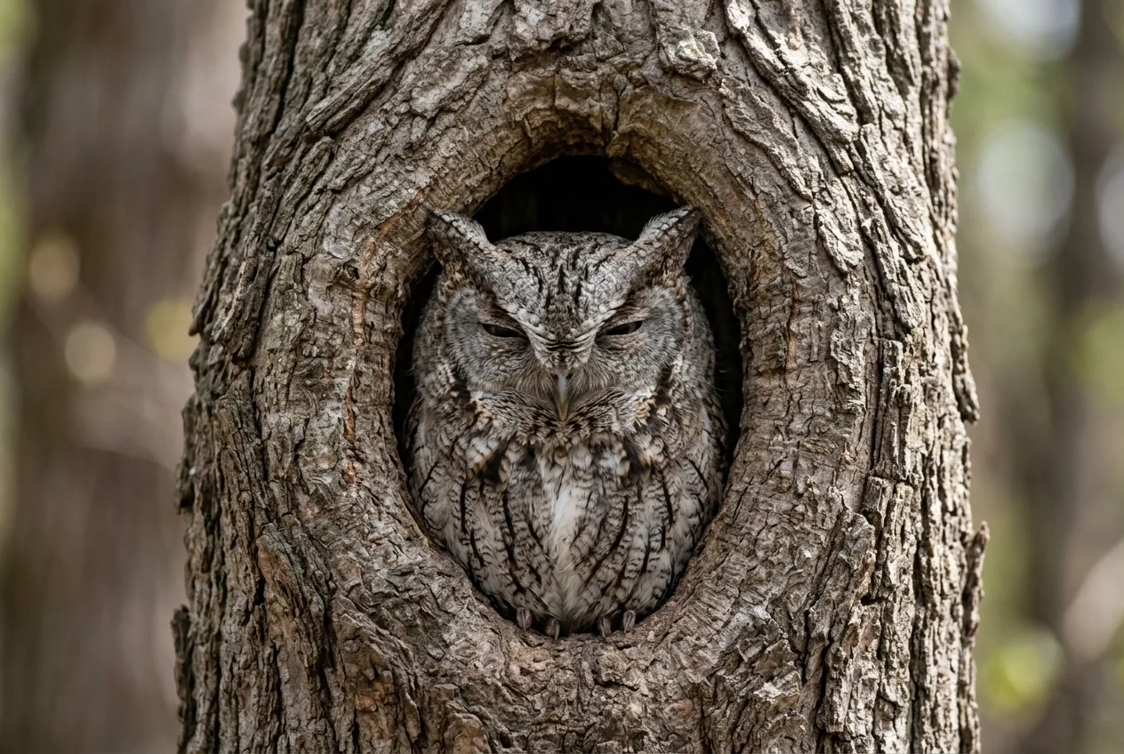 A grey eastern screech-owl roosting in a tree cavity, camouflaged against the bark