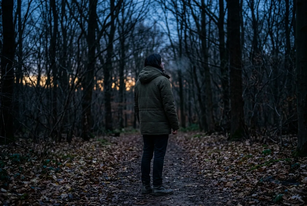 A person standing still on a woodland path at dusk, listening for owls