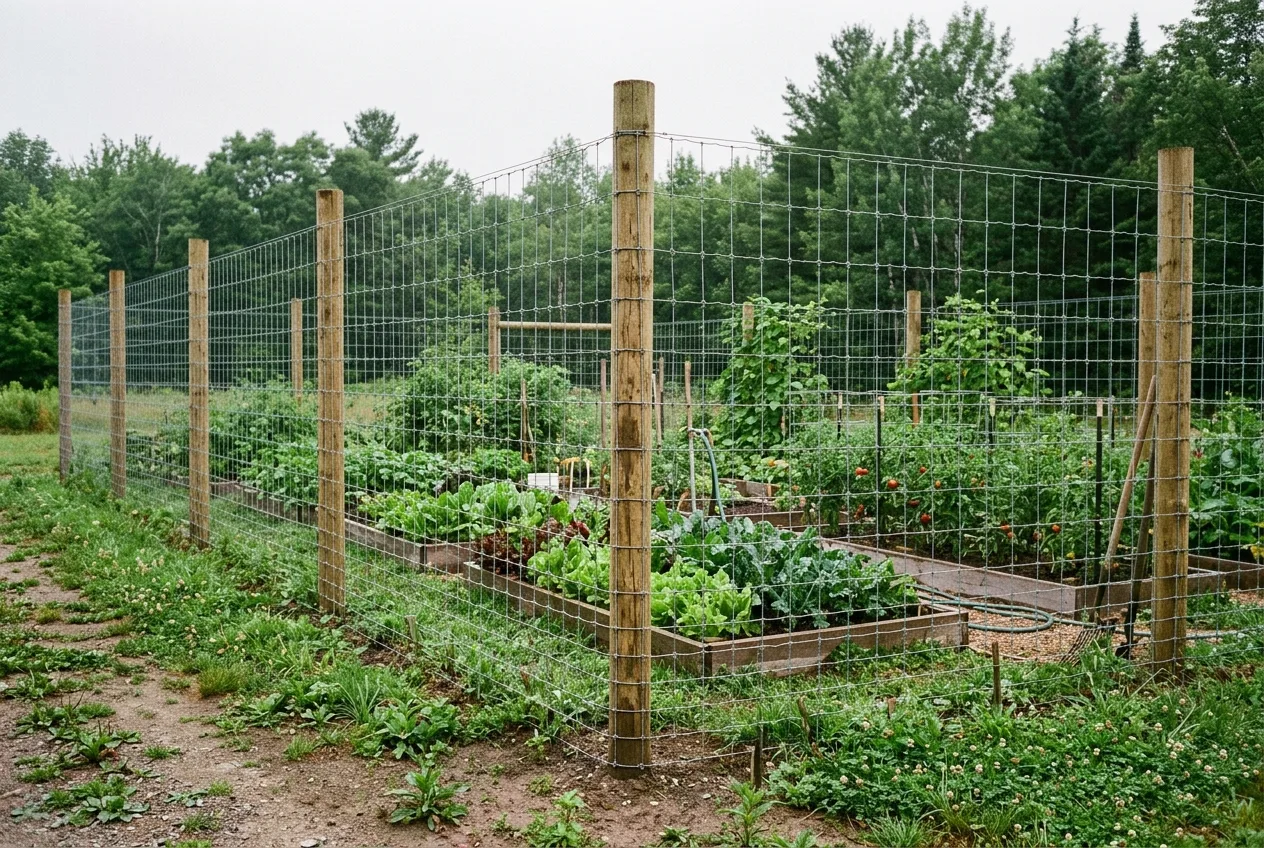 A tall woven-wire deer fence around a vegetable garden in flat morning light