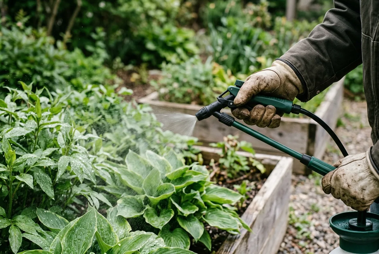 Close view of gloved hands spraying liquid repellent on garden foliage
