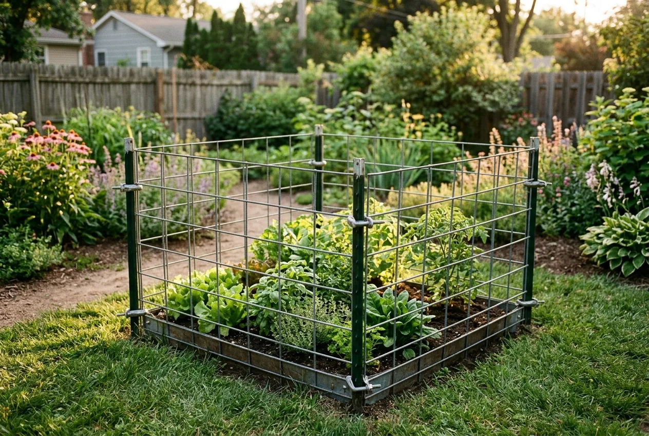 A low cattle-panel micro-exclosure protecting a small vegetable bed in a backyard