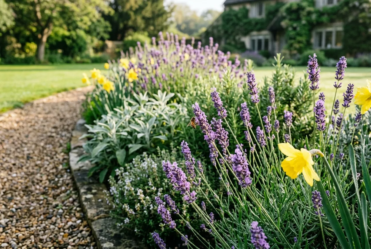 A border of deer-resistant lavender and daffodils blooming along a garden path