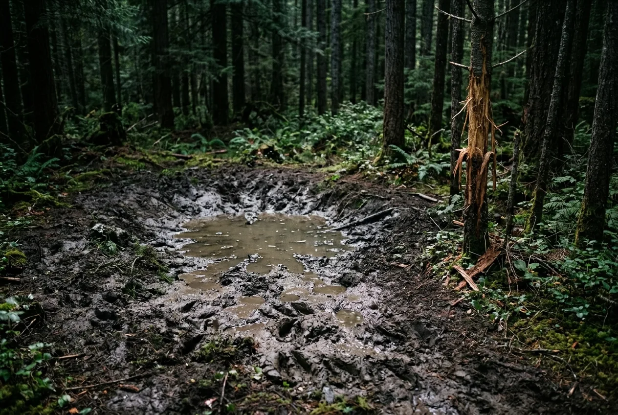 A fresh muddy elk wallow churned up in dark timber with tracks around the edge
