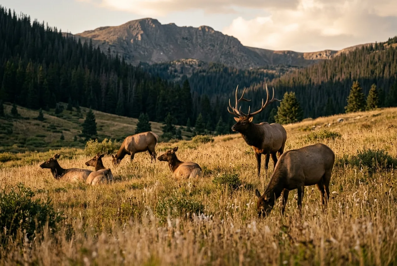A herd of cow elk with a herd bull in a high mountain meadow at golden light