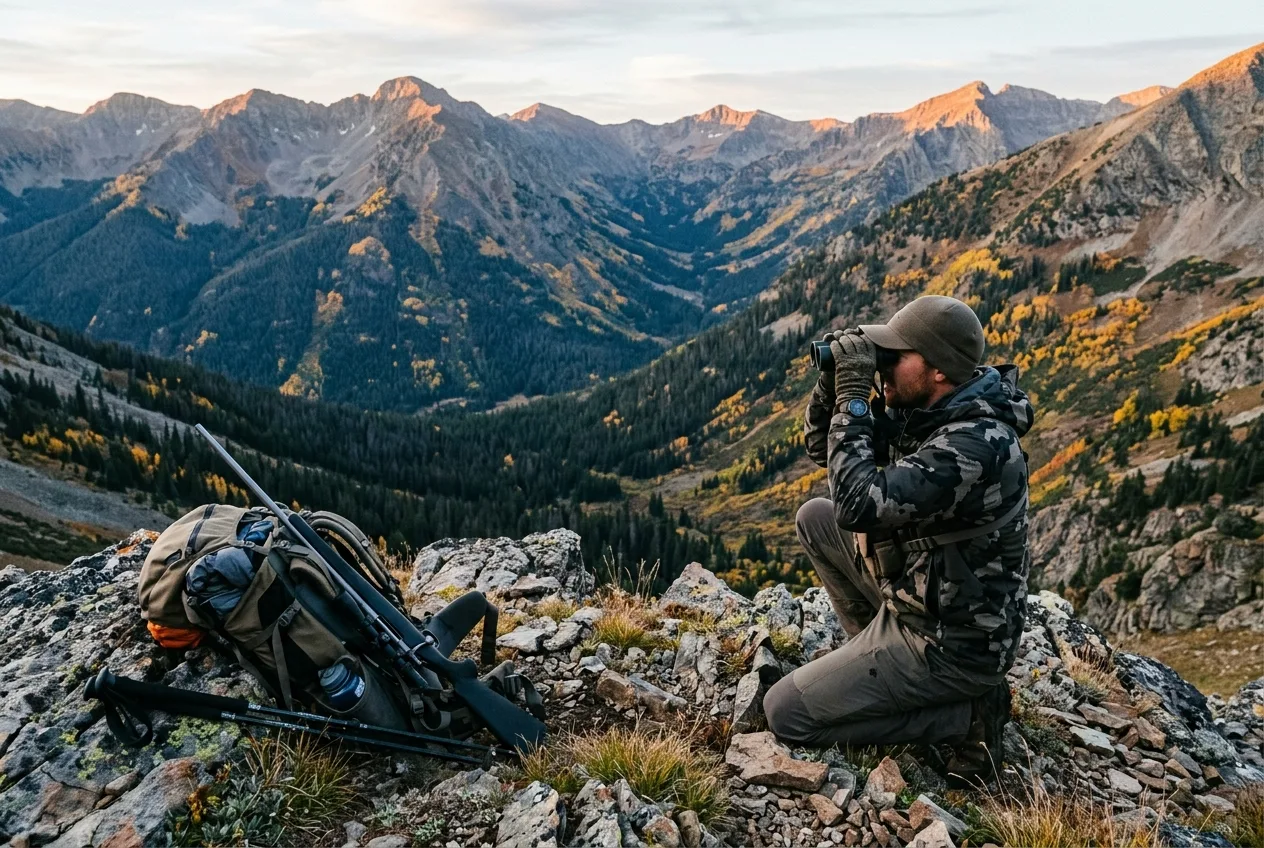 A hunter glassing a mountain basin from a ridge at first light with a backpack