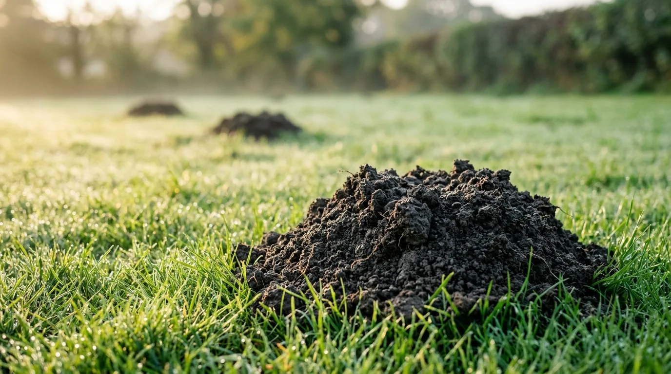 A fresh volcano-shaped molehill of loose soil pushed up in a green lawn at morning