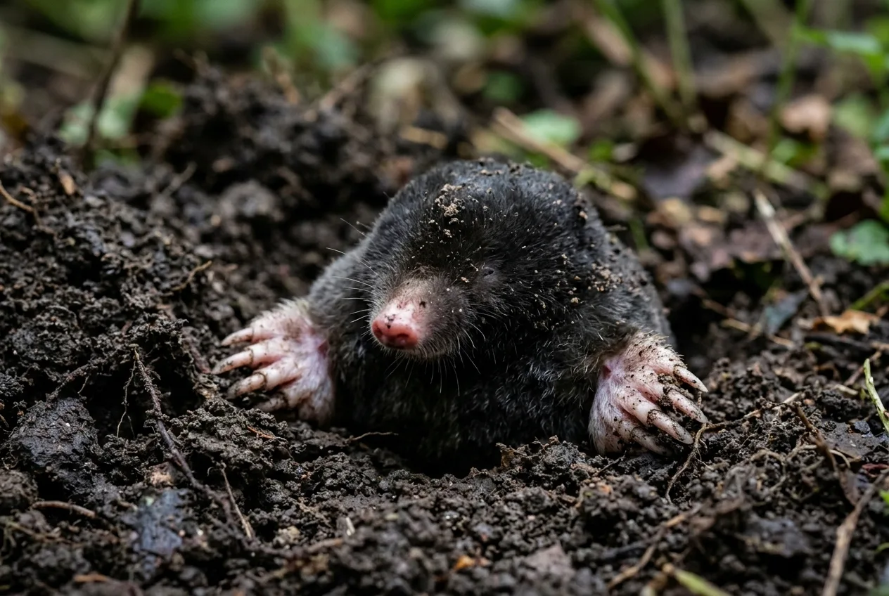 A mole with pink snout and broad digging paws emerging from dark soil