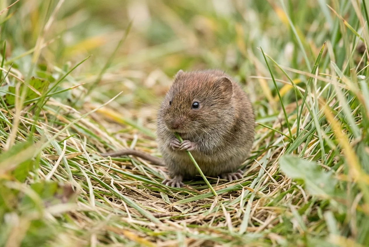 A small vole sitting in a grassy surface runway nibbling a stem