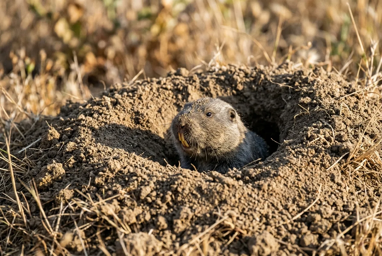 A pocket gopher peering from a fan-shaped mound of soil