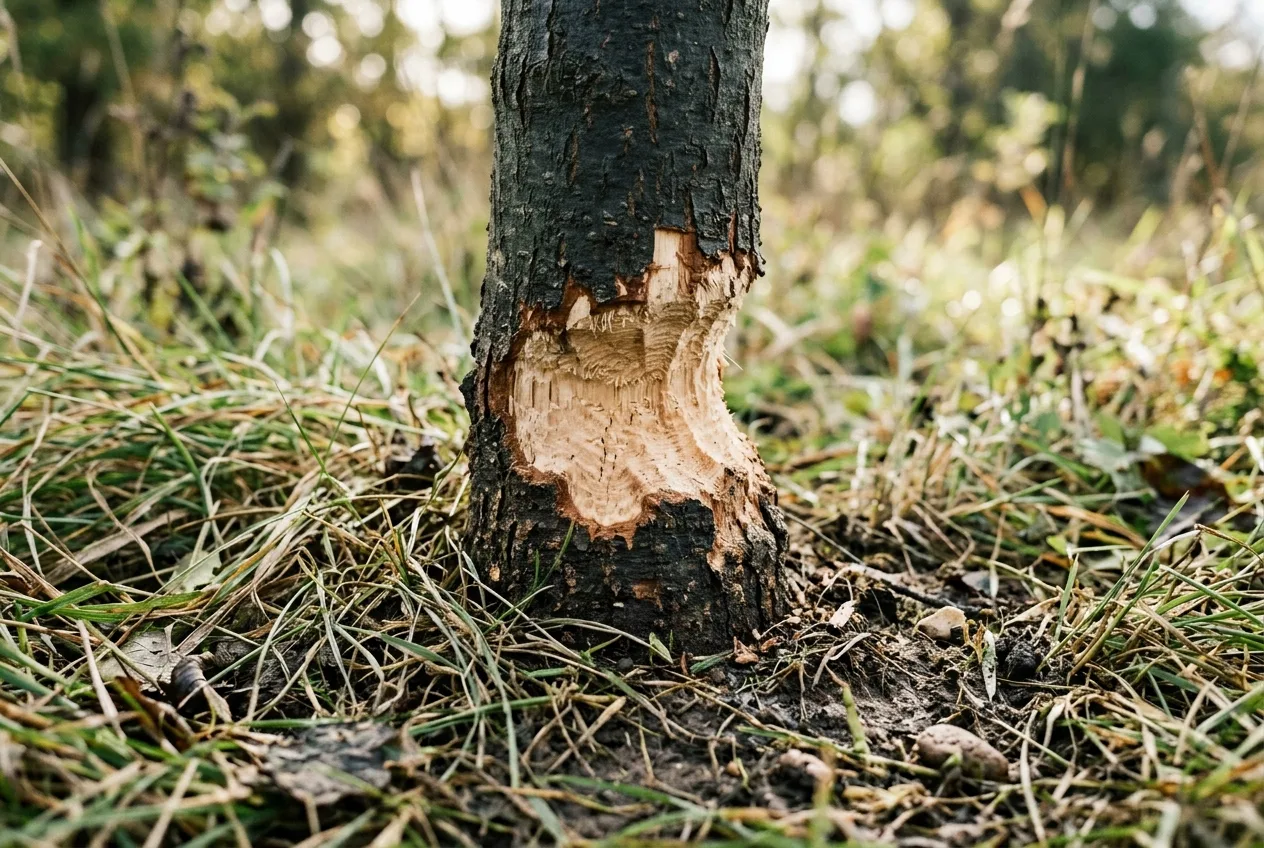 Gnawed bark girdling the base of a young tree trunk near the soil line