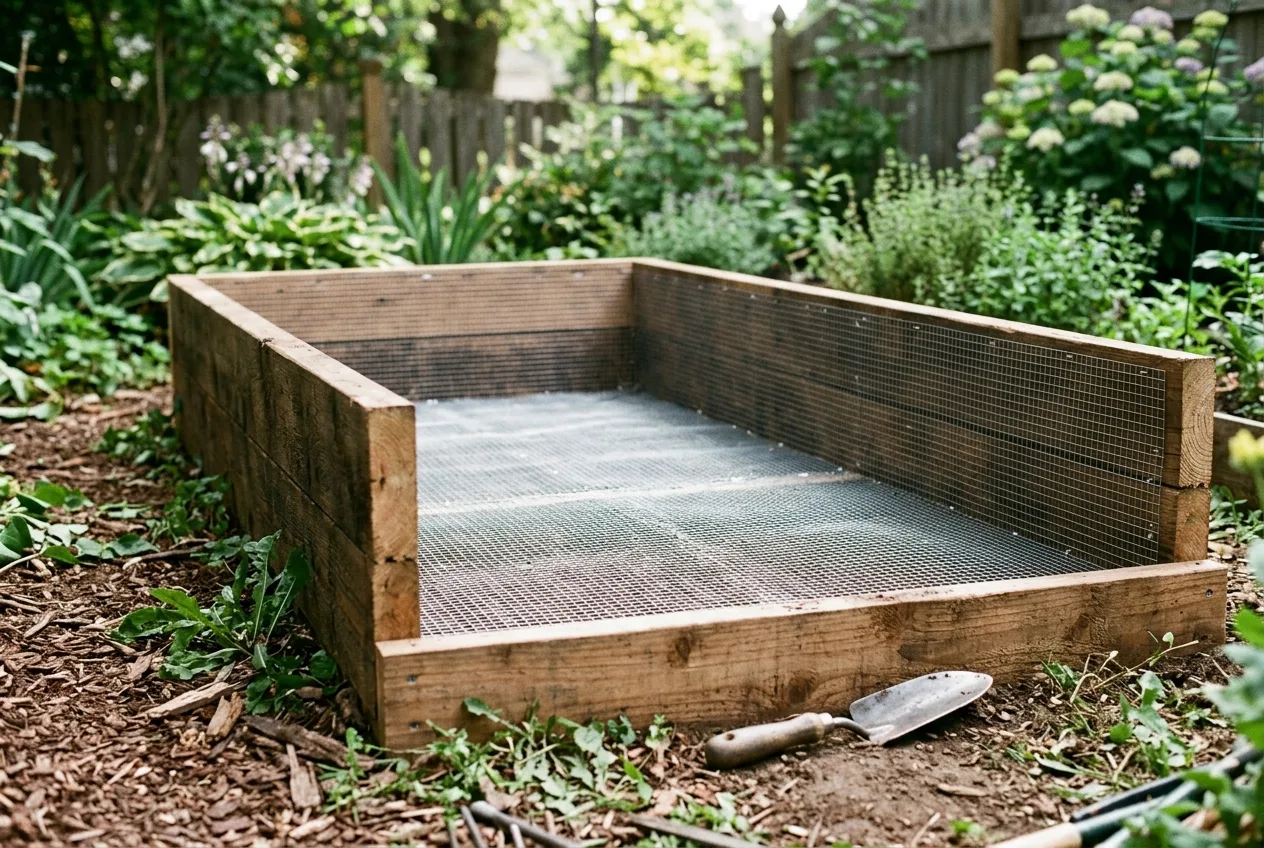 A raised bed lined with galvanized hardware-cloth mesh to block tunnelers