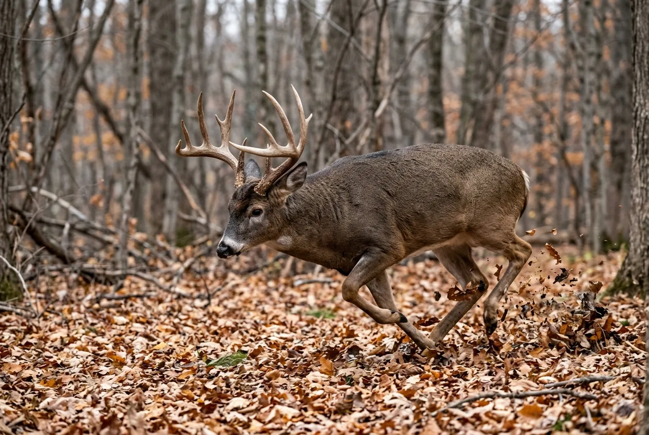 A white-tailed buck moving fast through open hardwoods chasing during the rut at midday