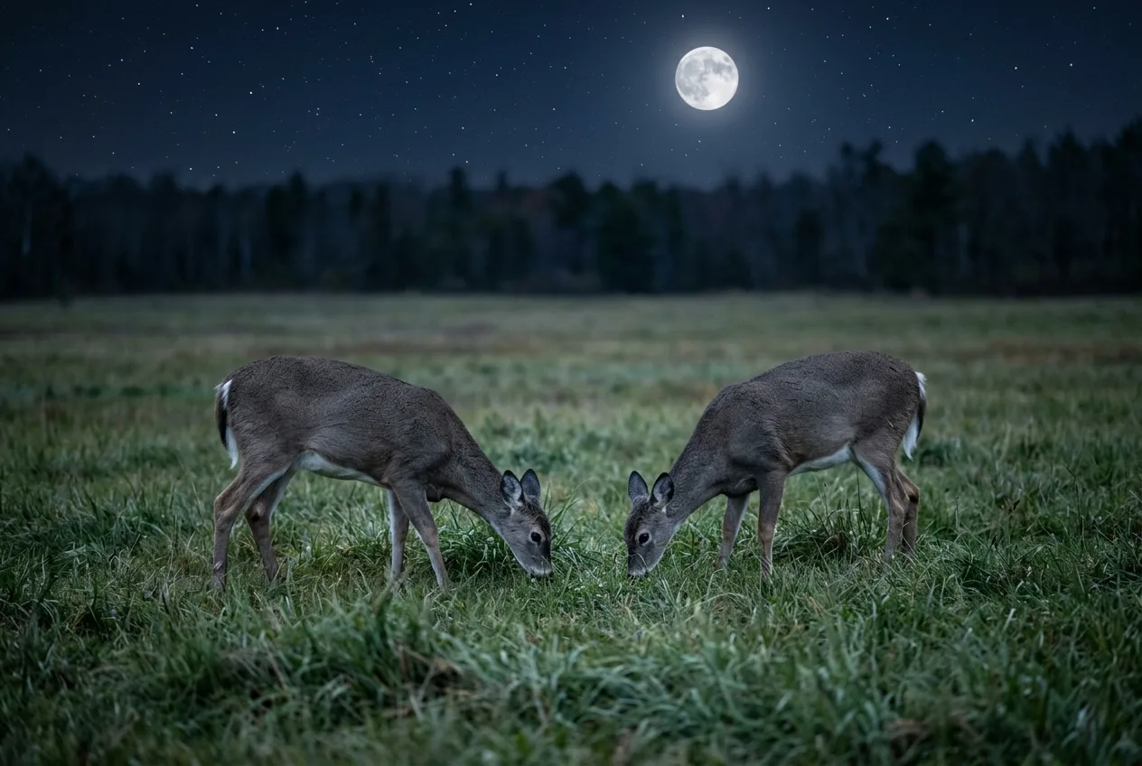 Two white-tailed deer feeding in an open meadow under bright moonlight on a clear night