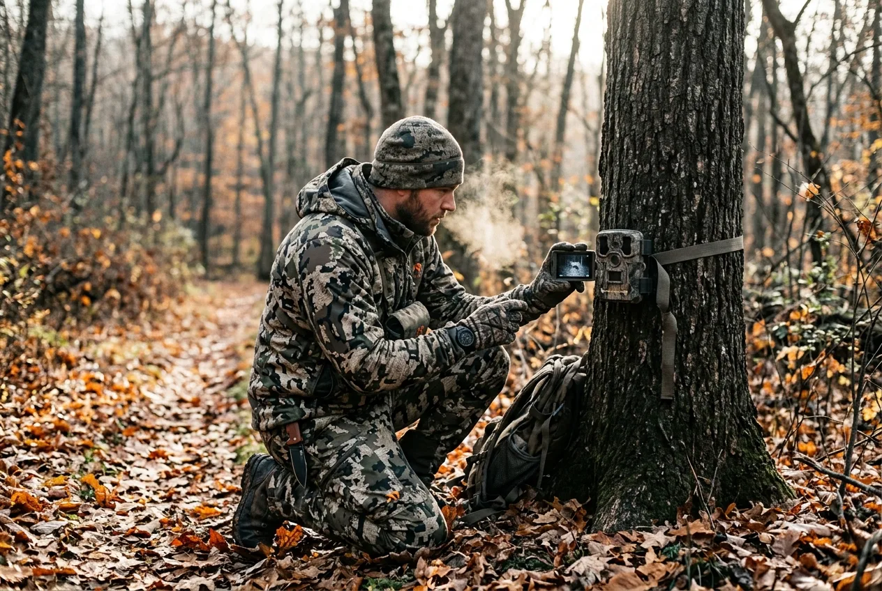 A hunter checking the screen of a trail camera mounted on a tree in autumn woods