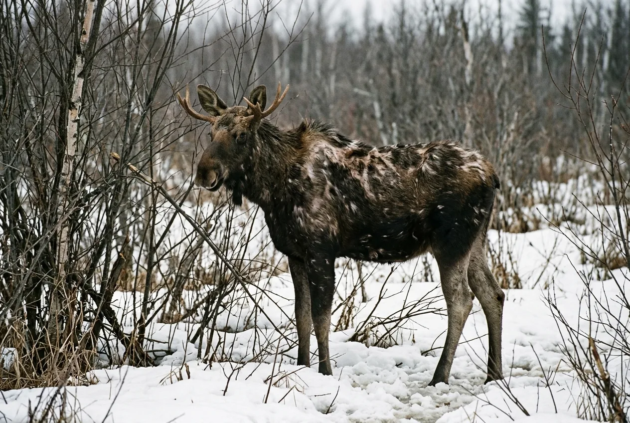 A late-winter moose with a patchy, rubbed coat, a sign of heavy winter-tick infestation.