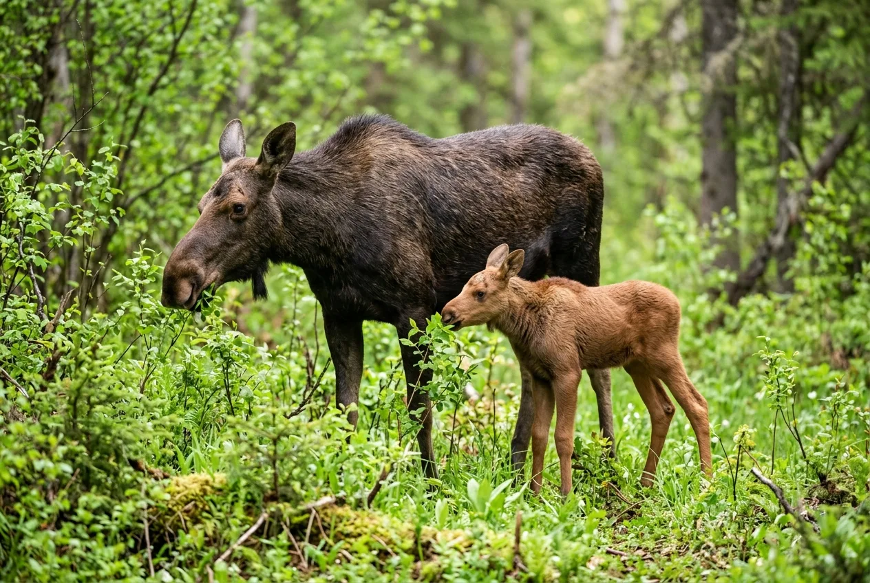 A cow moose and her calf in spring; calf survival is central to the population question.