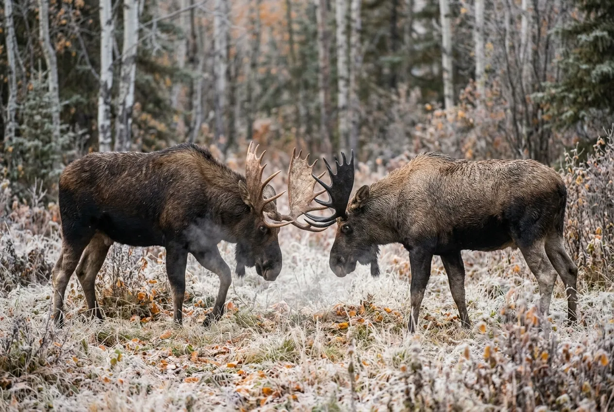 Two bull moose facing off, antlers lowered, during the autumn rut.