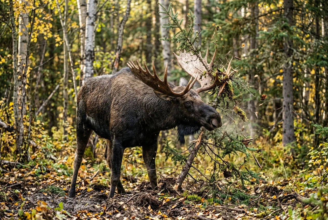 A bull moose raking and thrashing a shrub with its antlers.