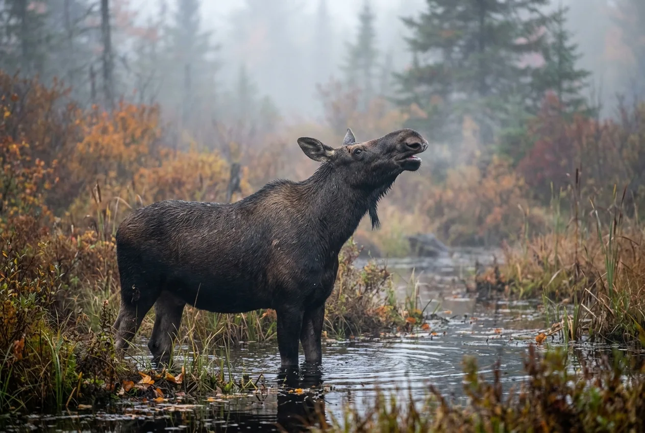 A cow moose with its head raised, calling during the rut.