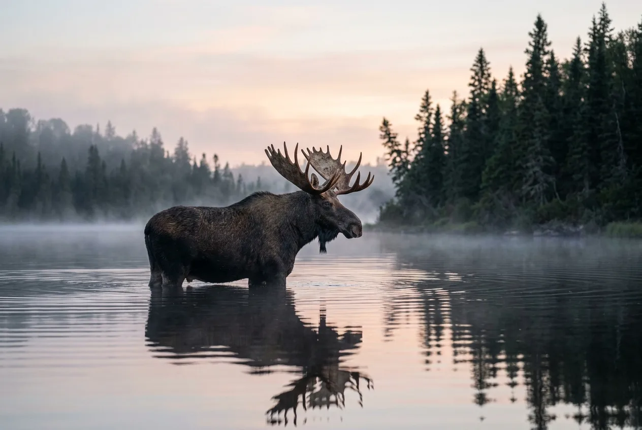A bull moose standing in a misty lake at dawn in autumn.