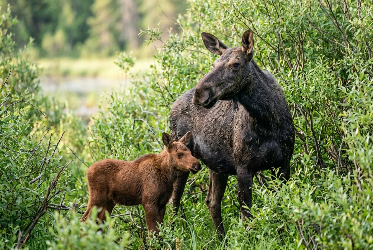 A cow moose with her calf in summer willows; cows are fiercely protective of young.